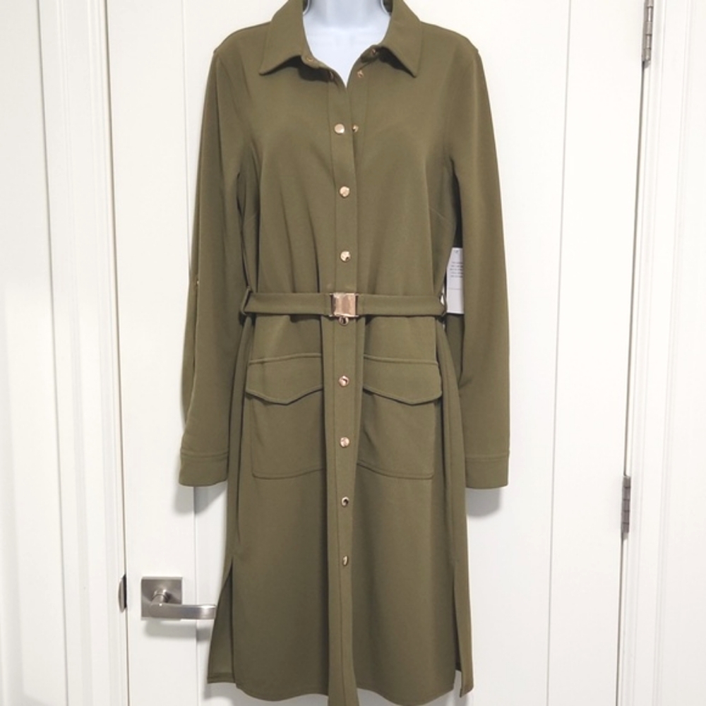JustFab Olive Green Button Front Utility Belted Shirtdress
